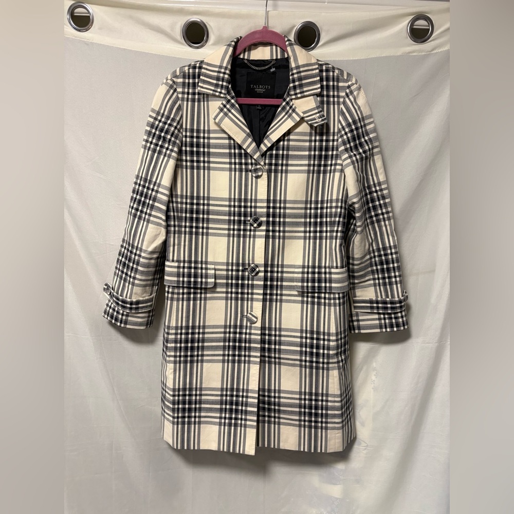 Talbots Cream/Black Plaid Mac Trench Coat Size 4P